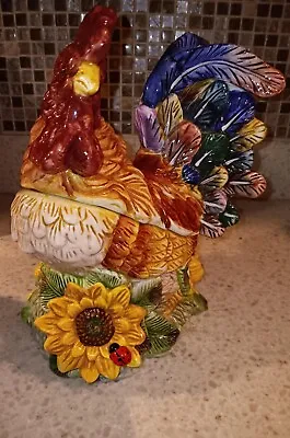 Ceramic Rooster Multi-color Cookie Jar 12  Tall Sunflower With Ladybug RARE • $120