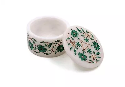 Round Marble Jewelry Box Malachite Stone Inlay Work Giftable Box With Royal Look • £188.92
