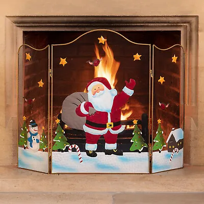 Christow 3 Panel Father Christmas Fireguard Santa Sleigh Snowman Screen • £21.99