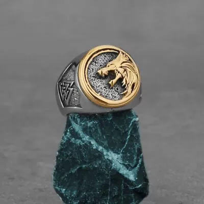 $13.95 • Buy Men's Fashion Ring Viking Gold Tri-Rune Evil Wolf Head Titanium Stainless Steel