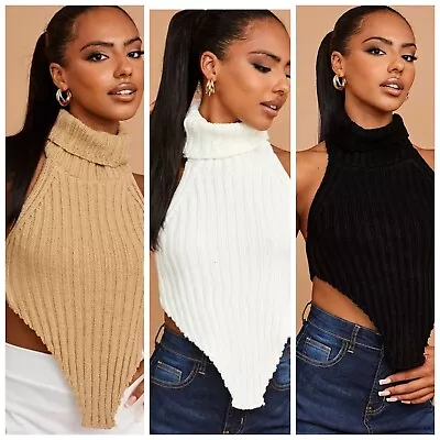 Womens Halter Roll Neck Knitted Ribbed Crop Tank Top Ladies Plain Bralet Sexy • £12.95