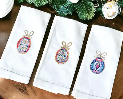 Hand Embroidered CHRISTMAS ORNAMENTS Dish TEA Towels Set Of 3 Vintage • $19