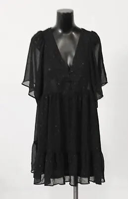 Zara Women's Dotted Mesh Mini V-Neck Front Closure Dress JW7 Black Large NWT • $20.25