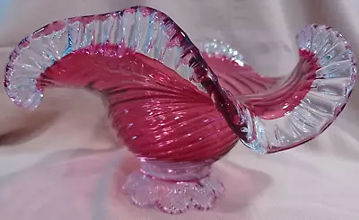 Vintage Cranberry Swirl Glass Clear Ruffle Edge Bowl • $29.99