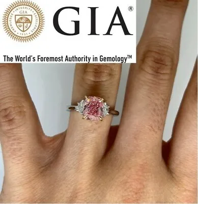 Diamond Ring Fancy Vivid Pink Cushion GIA Certified VS1 2.49CT Platinum Size 6.5 • $29999.99