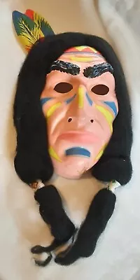 Vtg Native Indian Halloween Plastic Mask With Hair Pre Owned • $17