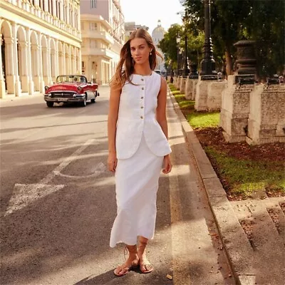 White Cotton Linen Posse Similar 2 Piece Waistcoat Long Skirt  Size XS/S UK6/8 • £38
