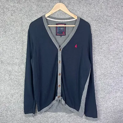 Musto Cardigan Mens Large Navy Grey Cotton Long Sleeve Logo Knit Buttoned Casual • £24.99