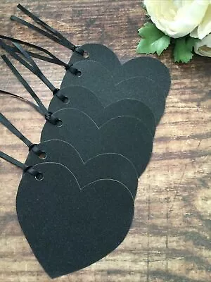 6  Jet Black Glitter Love Heart Gift Tags With Black Ribbons Tag Birthday Party • £3.49