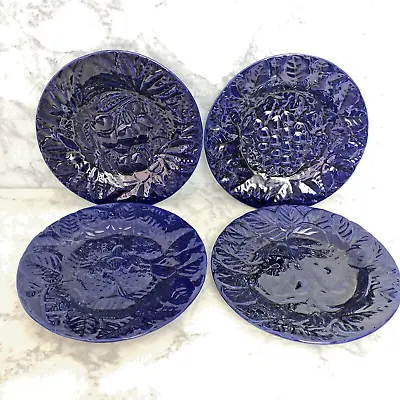 Bordallo Pinheiro Majolica Portugal CALDAS Da RAINHA 4 Plates Cobalt Blue Fruits • $32