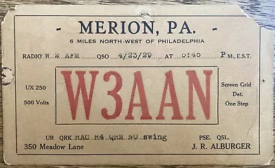 QSL Card - 1929 - Merion Pennsylvania USA - W3AAN - Stamp • $6