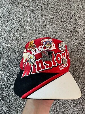 VINTAGE 90s Winston Cup Series Hat Mens Red Black NASCAR Racing Snapback W/ Pins • $67.49