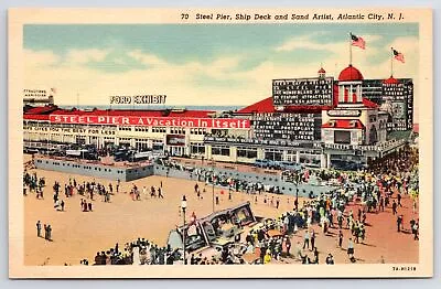 Atlantic City New Jersey~Steel Pier~Ship Deck~Sand Artist~Ford Exhibit~Linen PC • $13