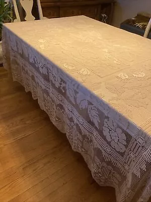 Vintage Large Ecru Venetian Needle Lace Tablecloth Overlay With Florals Cherubs • $149