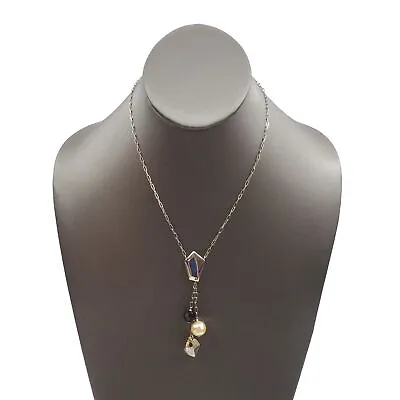 Vintage  925 Silver Quartz Crystal Black Cream Bead Fashion Pendant Necklace • $49.99
