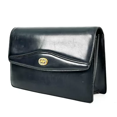 Gucci Vintage Bag Clutch Handbag Purse GG Flap Leather Black Authentic • $228