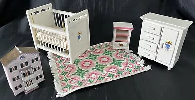 Lot Vintage Dollhouse Miniature Child Baby Room Furniture Crib Dresser Rug • $19.99