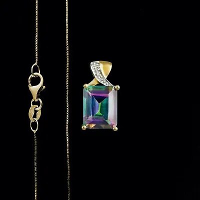 9ct Yellow Gold Emerald Cut Mystic Topaz & Diamond Pendant 0.05ct-Optional Chain • $200.86