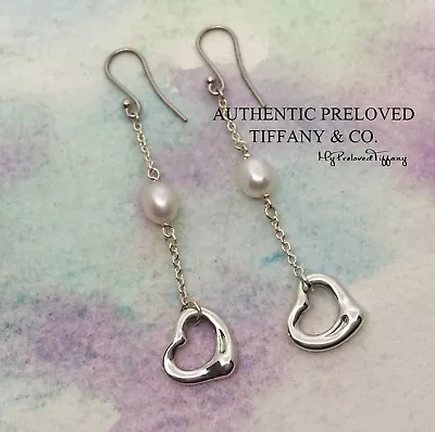 Authentic Tiffany & Co Elsa Peretti Open Heart Pearl Silver Drop Earrings • $329