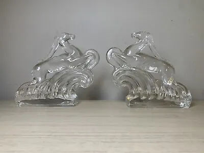 Pair Of Steuben Clear Glass Horse Or Gazelle Bookends Table Decorations • £117.79
