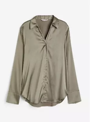 NEW Women's H&M Silky Button Down V-Neck Blouse Size XXL Khaki Green   • $10