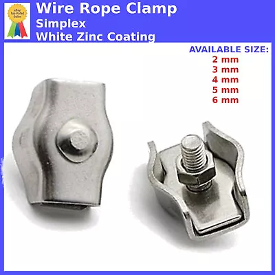 WIRE ROPE CABLE CLAMP CLIPS GRIPS 2mm 3mm 4mm 5mm 6mm SIMPLEX WHITE ZINC COATING • £2.69