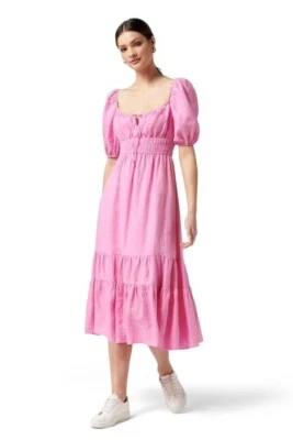 $45 • Buy Forever New Josephine Pink Linen Puff-Sleeve Midi Dress - Size 8