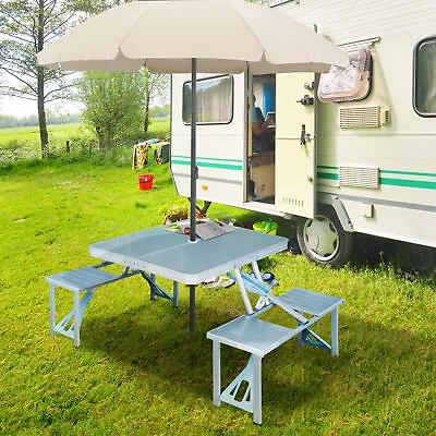 Aluminum Folding Portable Camping Picnic Table Stool Chair Set W/ Umbrella Hole • £52.99