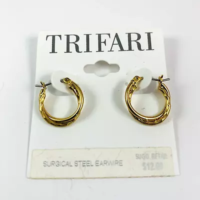 Vintage TRIFARI Gold Tone Hoop Pierced Earrings Surgical Steel On Original Card • $11.99