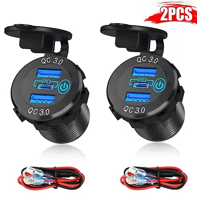 12V-24V Dual USB QC 3.0 + PD Car Fast Charger Socket Power Outlet LED Waterproof • $12.48