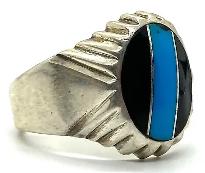 Mens Turquoise Black Onyx Striped Indented Sterling Silver 925 Ring Size 10 • $67