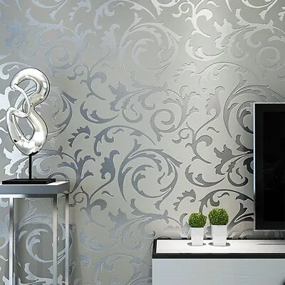 10M 3D Damask Sliver Floral Wallpaper Rolls Home.Decor Silver.Grey Wall Paper UK • £6.99