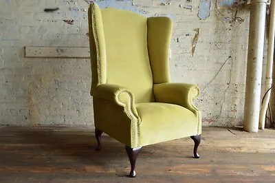 Modern Queen Anne Chesterfield Wing Arm Chair Extra High Back Lime Green Velvet • £695