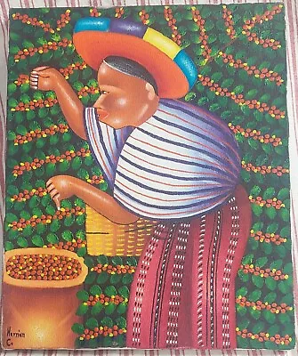  Coffee Bean Harvest Guatemalan Painting On Canvas Signed Hernan C Mayan Culture • $35