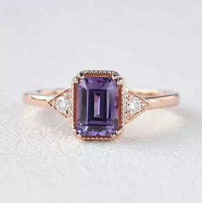 3 Stone Amethyst Emerald Miligrain Engagement Side Triangle Shape Round Cut Ring • $119.90