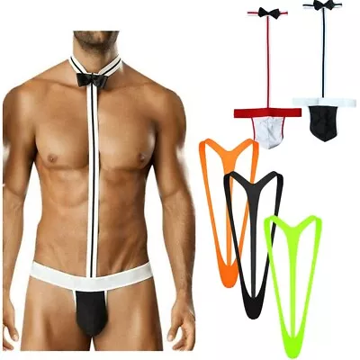 US Men's Sexy Bow Tie One Piece Mankini Costume Tuxedo Thongs Bodysuit Underwear • $7.59