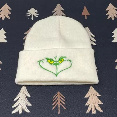 GRINCH FACE  White Beanie Embroidered In Green And Yellow • $17.99