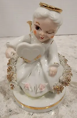 Vintage Spaghetti Figurine Winking Girl Angel With Heart  I Love You  Japan • $22