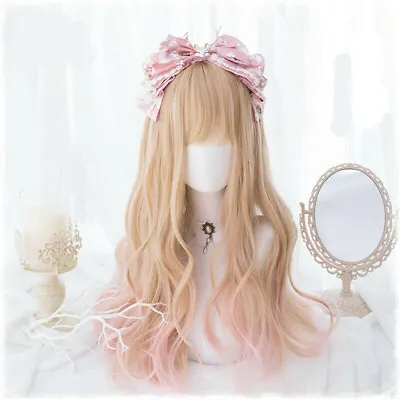 Apricot +Pink Gradient Kawaii Lolita Dolly Sweet Harajuku Curly Hair Wigs 60cm • £30.59