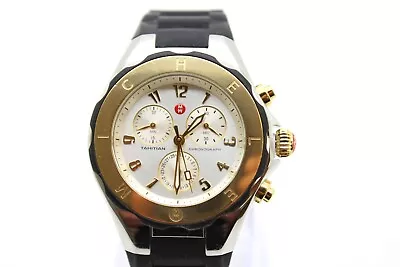 MICHELE Jelly Bean Womens 18K Gold Chronograph Watch Silver Dial Black Silicone • $179.10