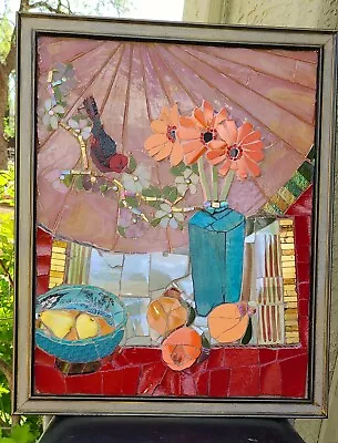 OOAK Stained Glass And Ceramic Mosaic Still Life Oriental Theme Framed Wall Art • $295