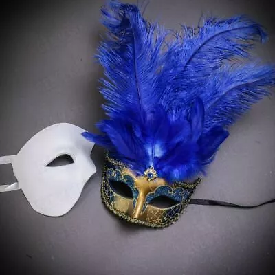 Masquerade Ball Dance Couple Mask | Men White Phantom W/ Women Gold Blue Feather • $23.90