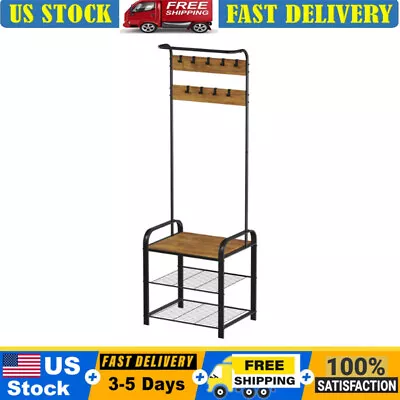 Bench Coat Rack Shoe Storage Steel Metal Hall Tree Seat W/ Hooks For Entryway Us • $112.89