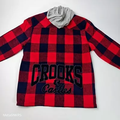 Crooks & Castles Plaid Jacket Men Large Red Navy Blue Hooded Button Shirt Pocket • $69.30