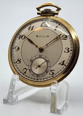 Bulova 21 Jewels 21J Pocket Watch 17AE 10k Gold Plated Open Face Case Vintage • $299.95