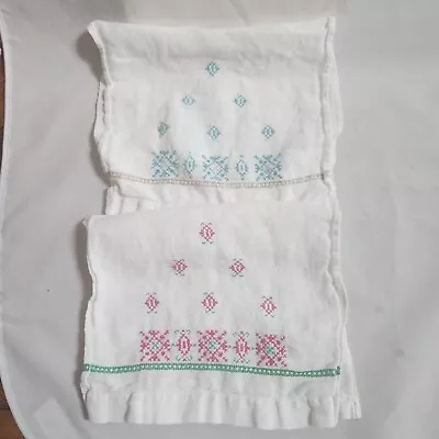 Vintage Pair Folk Art Linen Embroidered Cross Stitch Fingertip Hand Tea Towels • $9.99