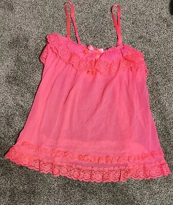 VICTORIA'S SECRET Size M Pink BABYDOLL NIGHTGOWN Sheer Mesh + Floral Lace Sexy • $16