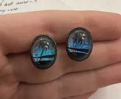 Vintage Sterling Silver Blue Morph Butterfly Wing Sunset Palm Tree Earrings • $24.99