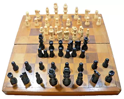 Vintage Handmade Wooden Folding Chess Board W Hand Carved Pieces 13.5  X 13 5/8  • $64