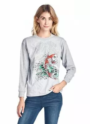 Ed Hardy Junior Girl's Koi Fish Screen Print L/s Crew Neck T-shirt Grey Medium • £7.12